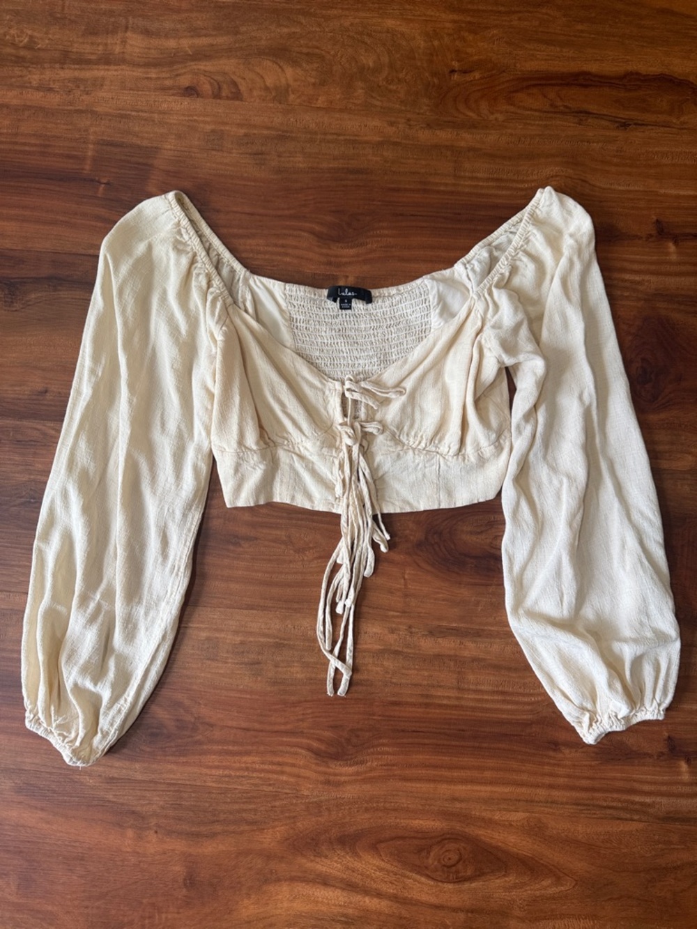 Lulu's Cream Lace-Up Peasant Crop Blouse